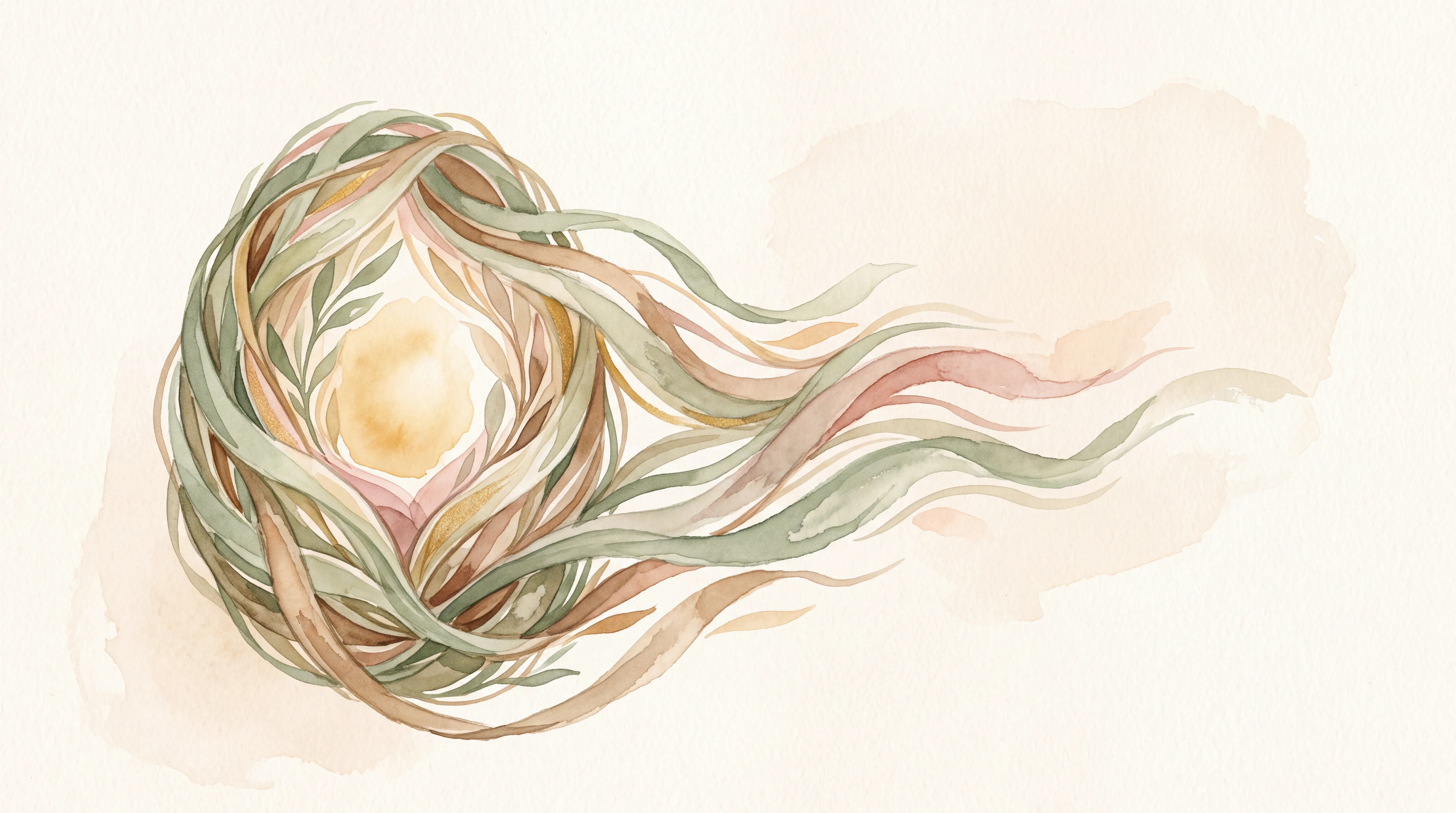 Painterly editorial illustration of a sage and warm-brown cocoon shape unfolding into open ribbons of colour, with a soft honey-gold light held at the centre.