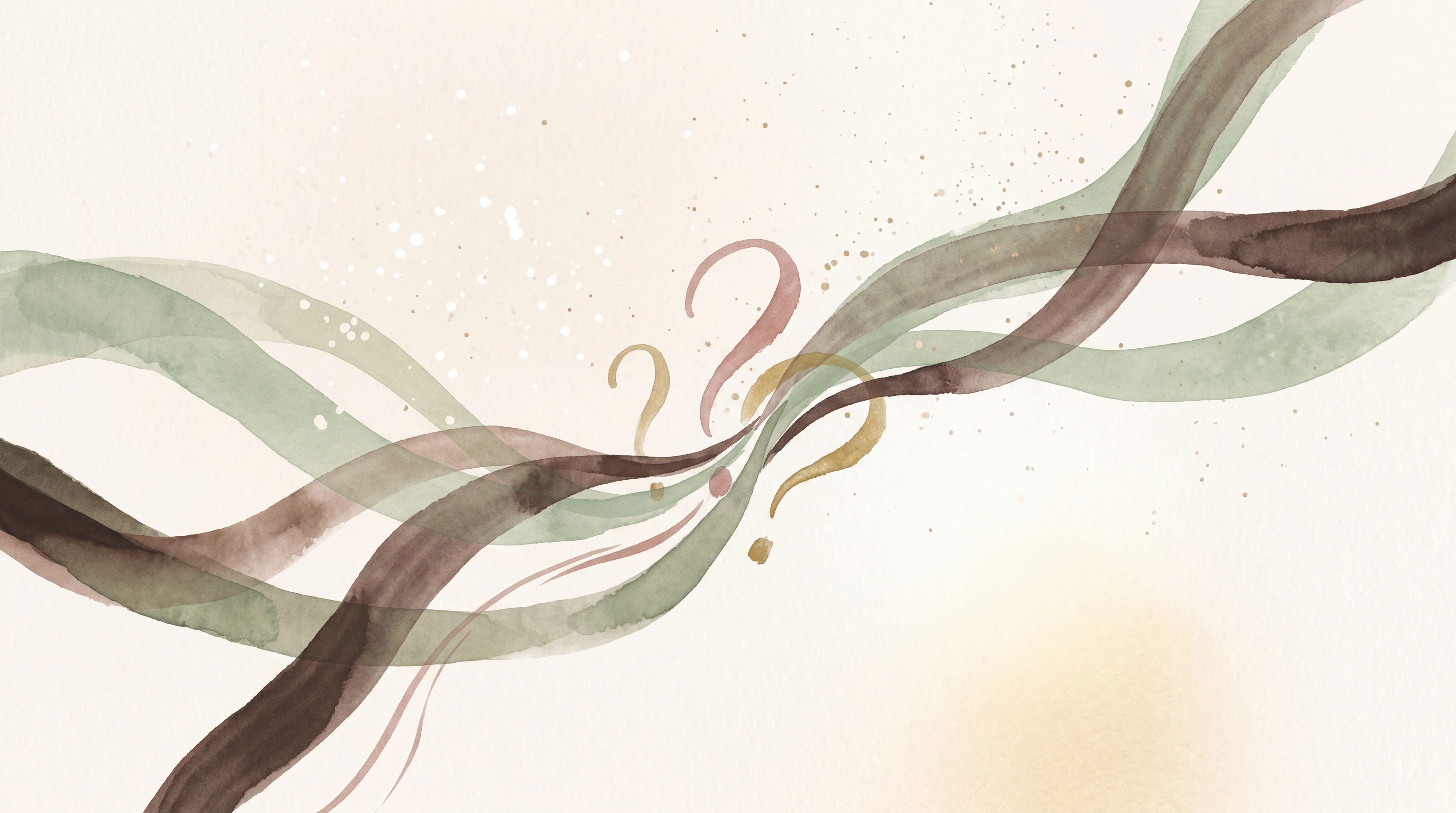 Painterly editorial illustration of sage and warm-brown ribbons converging in the centre with delicate dusty-rose and gold question-mark brushstrokes integrated into the composition.